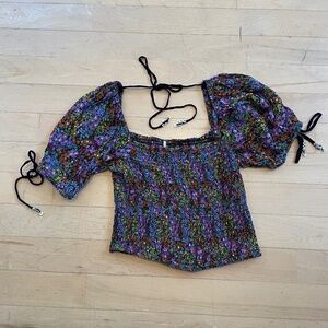 Free People Black Floral Puff Sleeve Crop Blouse Small